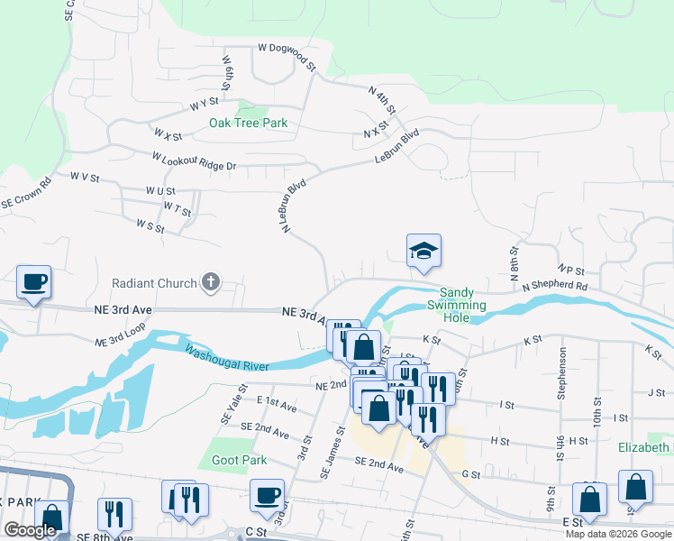 map of restaurants, bars, coffee shops, grocery stores, and more near 243 North Shepherd Road in Washougal