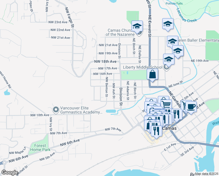 map of restaurants, bars, coffee shops, grocery stores, and more near 1317 Northwest Benton Street in Camas