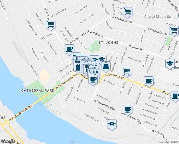 map of restaurants, bars, coffee shops, grocery stores, and more near 8409 North Lombard Street in Portland