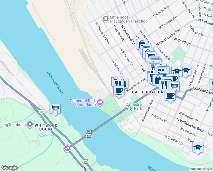 map of restaurants, bars, coffee shops, grocery stores, and more near 9040 North Bradford Street in Portland