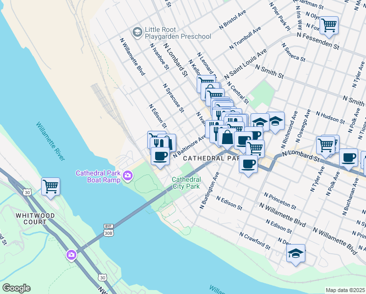 map of restaurants, bars, coffee shops, grocery stores, and more near 8710 North Willamette Boulevard in Portland