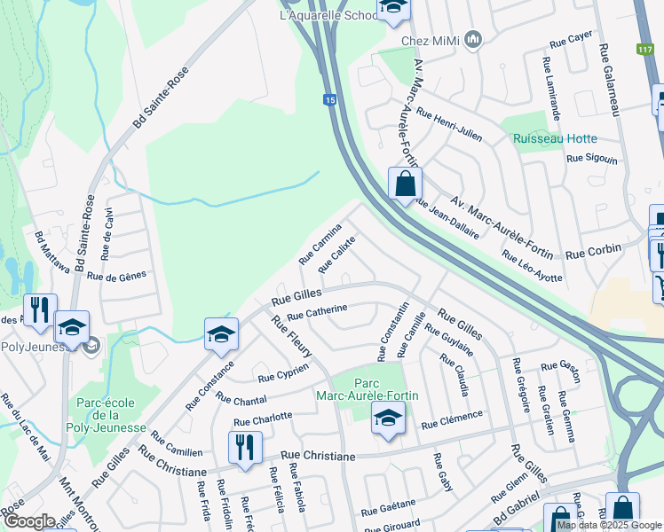 map of restaurants, bars, coffee shops, grocery stores, and more near 3264 Rue Calixte in Laval