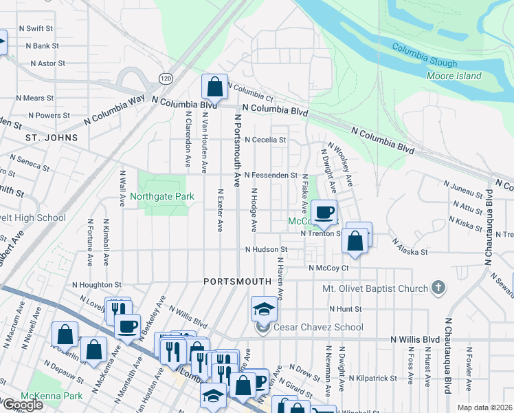 map of restaurants, bars, coffee shops, grocery stores, and more near 9304 North Hodge Avenue in Portland