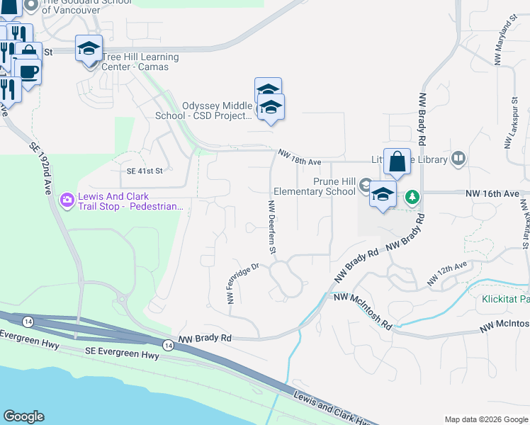 map of restaurants, bars, coffee shops, grocery stores, and more near 1423 Northwest Deerfern Street in Camas