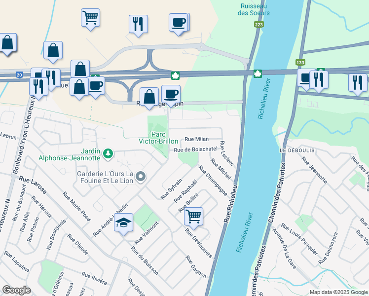 map of restaurants, bars, coffee shops, grocery stores, and more near 115 Rue de Boischatel in Beloeil