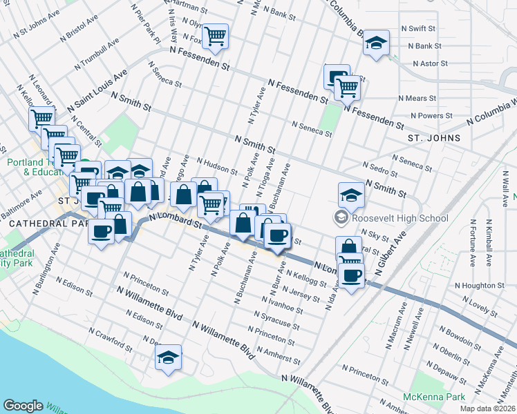 map of restaurants, bars, coffee shops, grocery stores, and more near 7535 North Central Street in Portland
