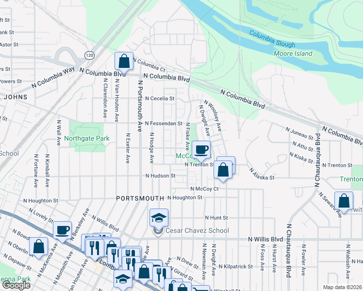 map of restaurants, bars, coffee shops, grocery stores, and more near 4923 North Newark Street in Portland