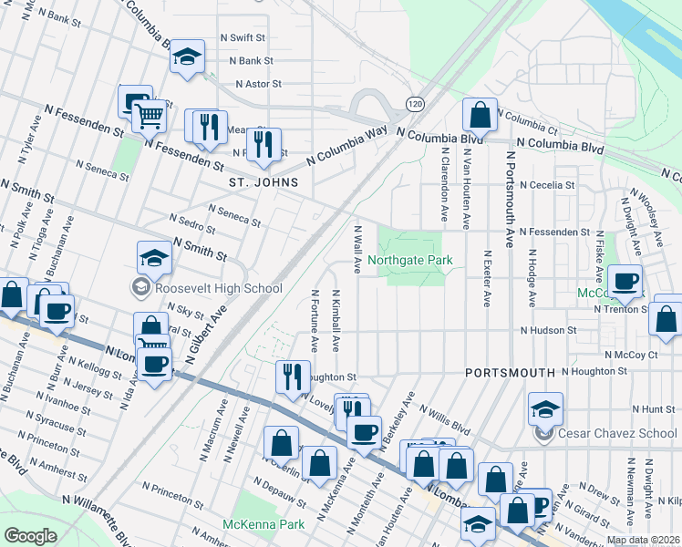 map of restaurants, bars, coffee shops, grocery stores, and more near 9236 North Kimball Avenue in Portland