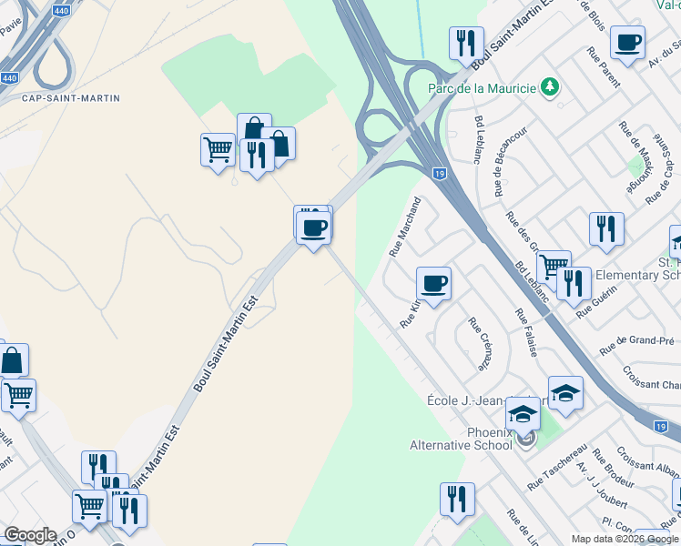 map of restaurants, bars, coffee shops, grocery stores, and more near 1790 Rue Notre-Dame-de-Fatima in Laval