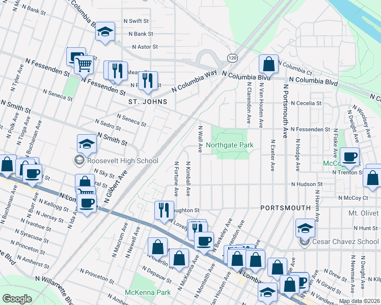 map of restaurants, bars, coffee shops, grocery stores, and more near 9236 North Kimball Avenue in Portland