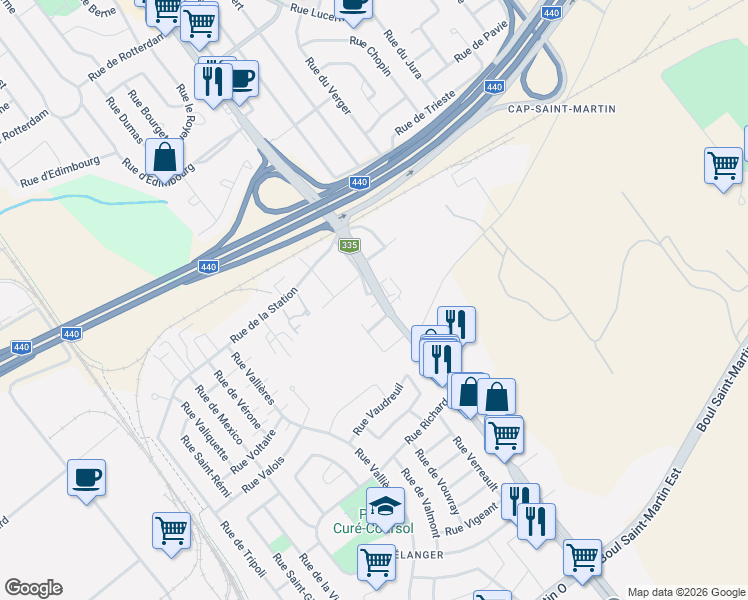 map of restaurants, bars, coffee shops, grocery stores, and more near 1504 Boulevard des Laurentides in Laval