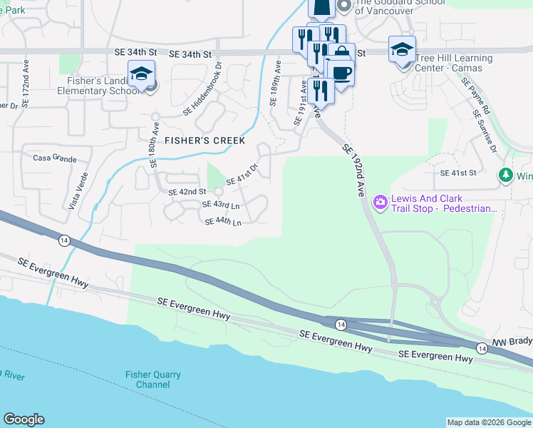 map of restaurants, bars, coffee shops, grocery stores, and more near 18509 Northeast 44th Avenue in Vancouver
