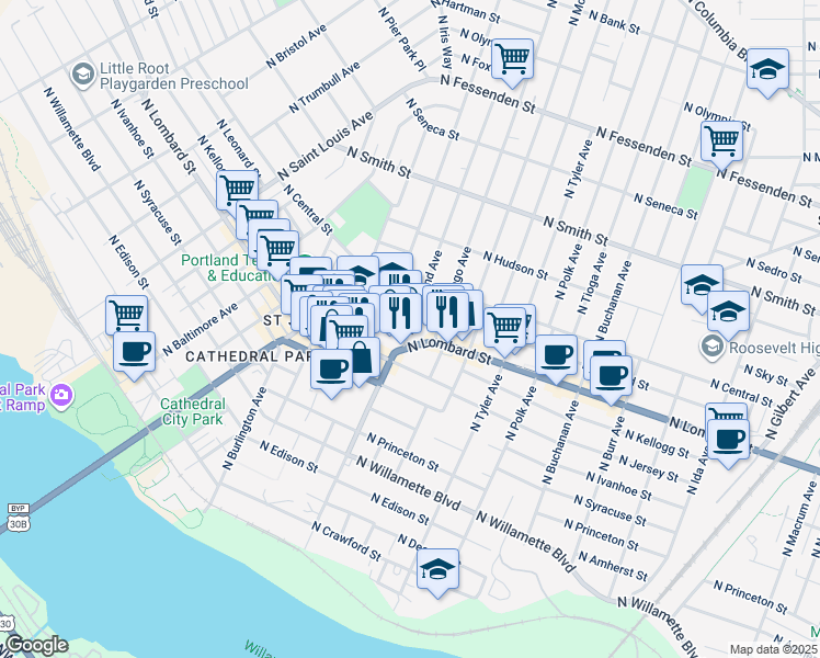 map of restaurants, bars, coffee shops, grocery stores, and more near North Richmond Avenue in Portland