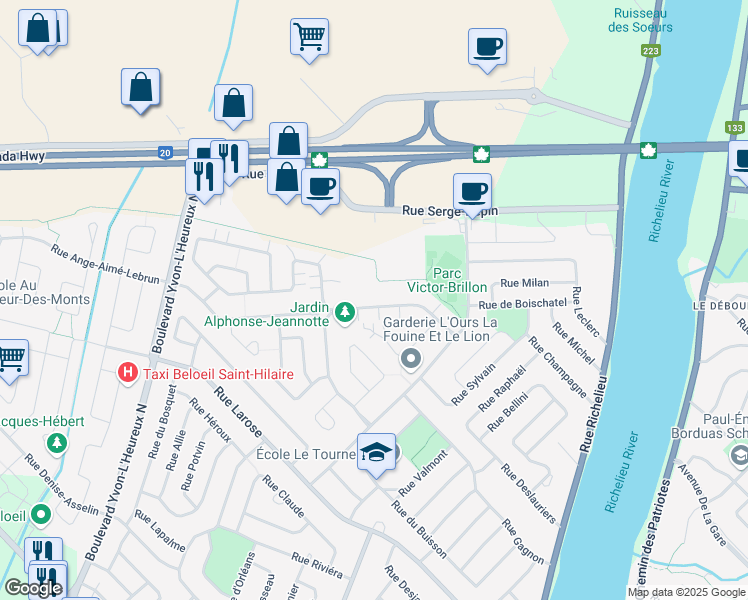 map of restaurants, bars, coffee shops, grocery stores, and more near 85 Avenue Carmen-Bienvenu in Beloeil