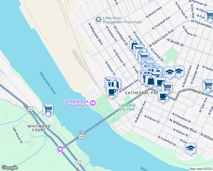 map of restaurants, bars, coffee shops, grocery stores, and more near 6700 North New York Avenue in Portland