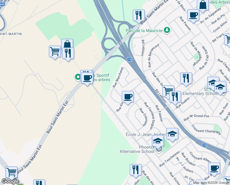 map of restaurants, bars, coffee shops, grocery stores, and more near 1740 Rue Mayrand in Laval