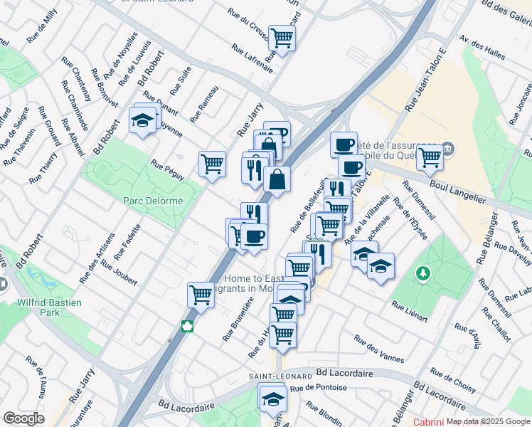 map of restaurants, bars, coffee shops, grocery stores, and more near 6120 Boulevard Métropolitain Est in St. Leonard