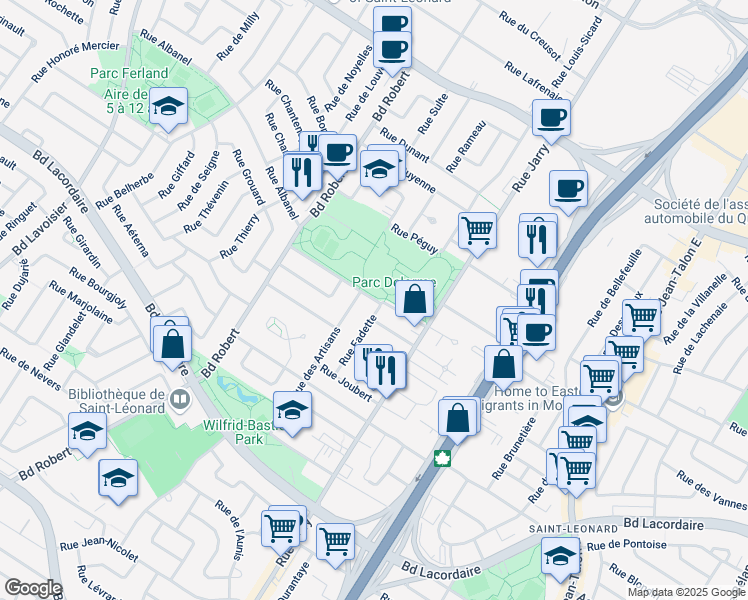 map of restaurants, bars, coffee shops, grocery stores, and more near Rue Malouin in Montréal