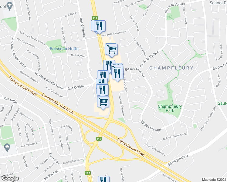 map of restaurants, bars, coffee shops, grocery stores, and more near 6500 Rue de l'Émerillon in Laval