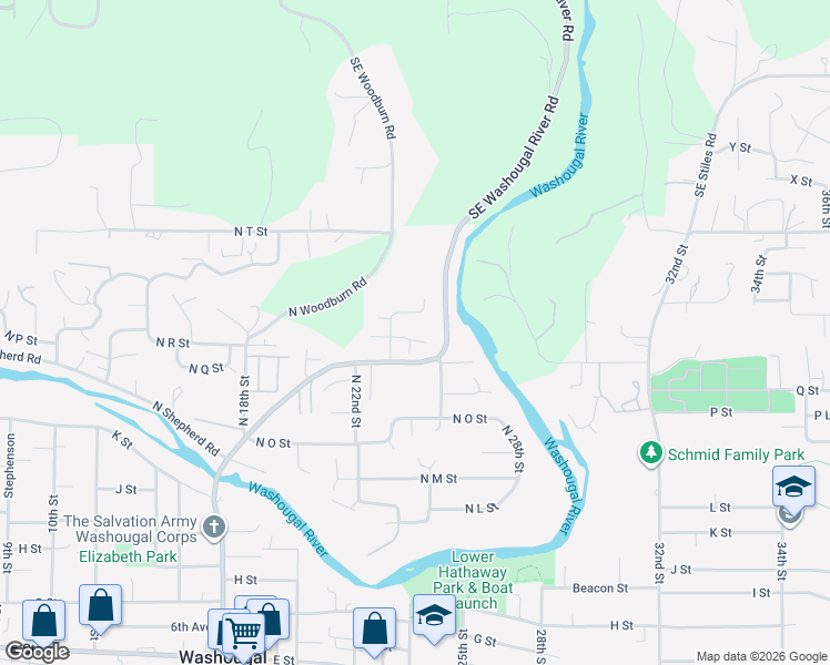 map of restaurants, bars, coffee shops, grocery stores, and more near 2465 North Washougal River Road in Washougal