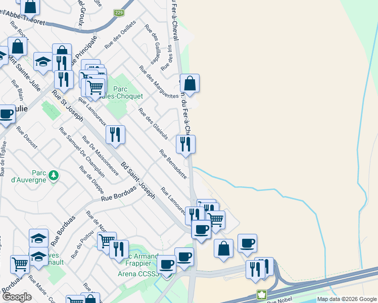 map of restaurants, bars, coffee shops, grocery stores, and more near 1505 Chemin du Fer-à-Cheval in Sainte-Julie