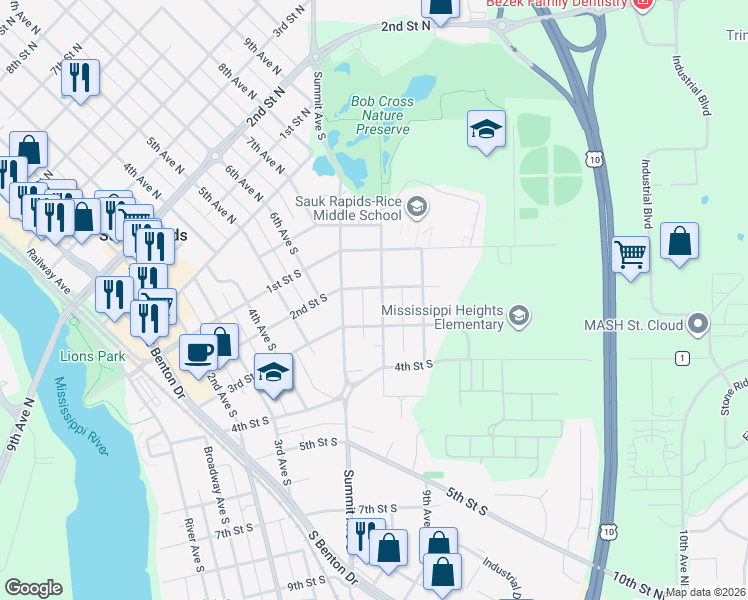 map of restaurants, bars, coffee shops, grocery stores, and more near 205 8th Avenue South in Sauk Rapids