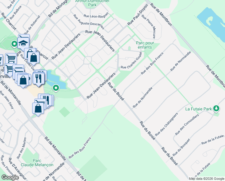 map of restaurants, bars, coffee shops, grocery stores, and more near 1110 Rue du Boisé in Boucherville