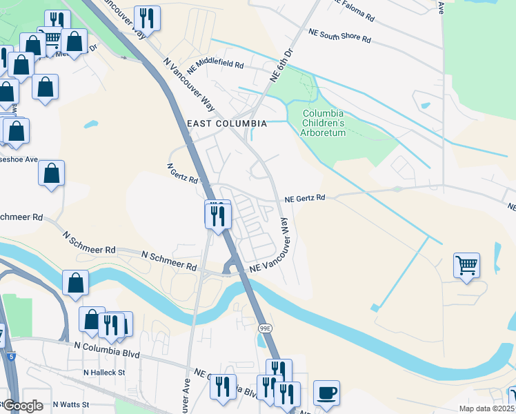 map of restaurants, bars, coffee shops, grocery stores, and more near 222 North Gertz Road in Portland
