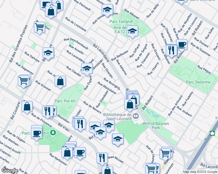 map of restaurants, bars, coffee shops, grocery stores, and more near 8705 Rue Marjolaine in Montréal