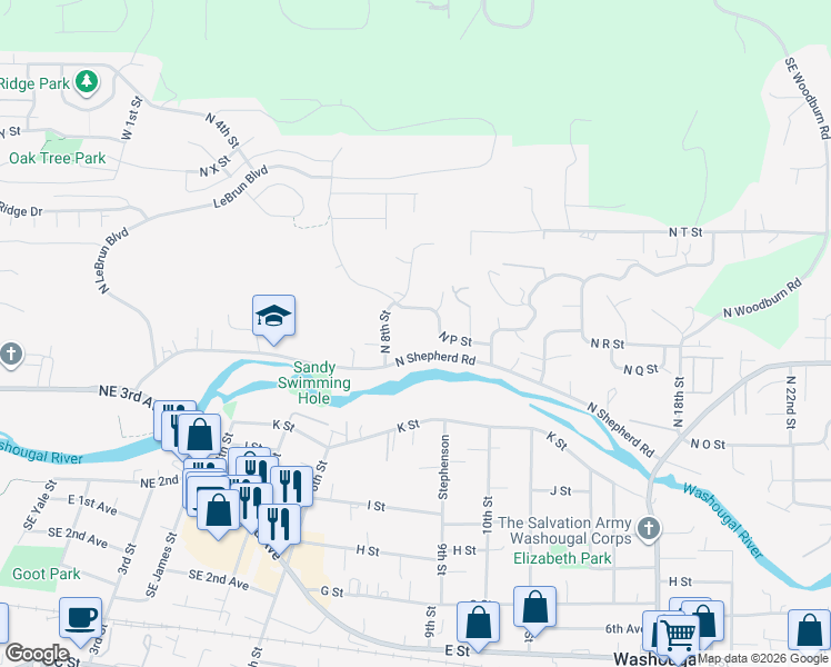 map of restaurants, bars, coffee shops, grocery stores, and more near 860 North P Street in Washougal