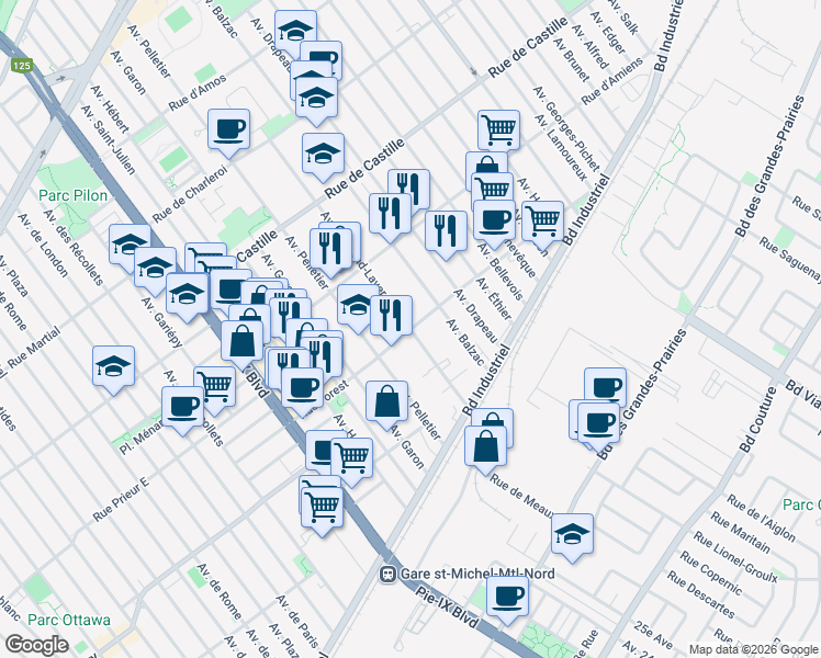 map of restaurants, bars, coffee shops, grocery stores, and more near Rue Forest in Montréal