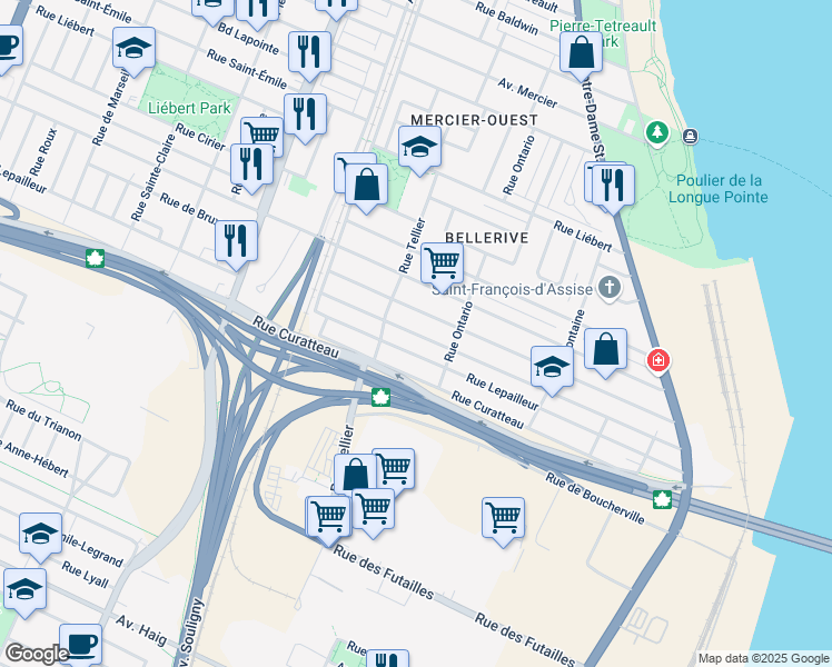 map of restaurants, bars, coffee shops, grocery stores, and more near Rue de Saint Just in Montréal