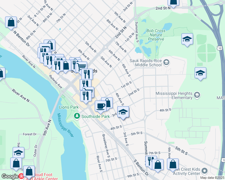 map of restaurants, bars, coffee shops, grocery stores, and more near 319 1st Street South in Sauk Rapids