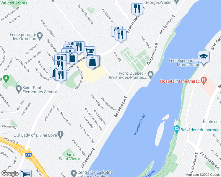 map of restaurants, bars, coffee shops, grocery stores, and more near 3090 Croissant Belcourt in Laval