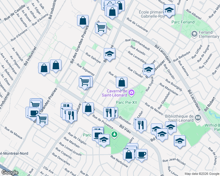 map of restaurants, bars, coffee shops, grocery stores, and more near 9047 Rue Grasset in Montréal