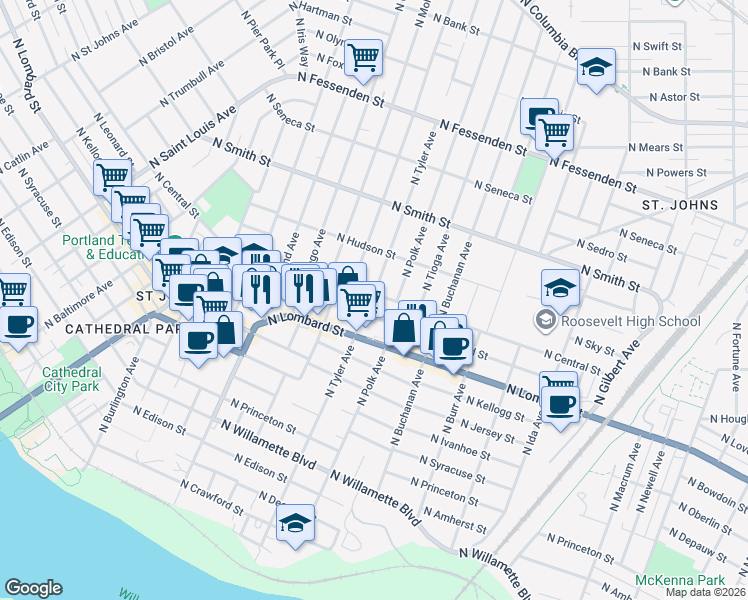 map of restaurants, bars, coffee shops, grocery stores, and more near 7754 North Central Street in Portland