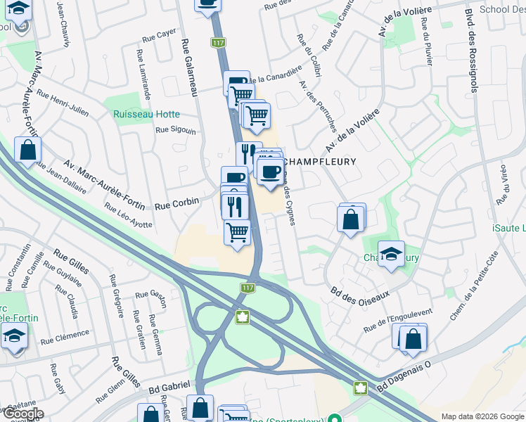map of restaurants, bars, coffee shops, grocery stores, and more near 6500 Rue de l'Émerillon in Laval