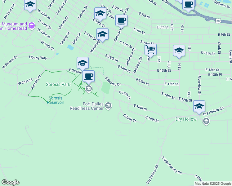 map of restaurants, bars, coffee shops, grocery stores, and more near 611 East 18th Street in The Dalles