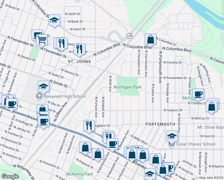 map of restaurants, bars, coffee shops, grocery stores, and more near 9221 North Wall Avenue in Portland