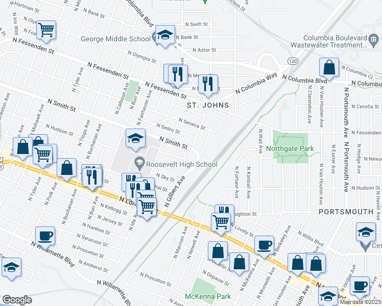 map of restaurants, bars, coffee shops, grocery stores, and more near 6740 North Smith Street in Portland