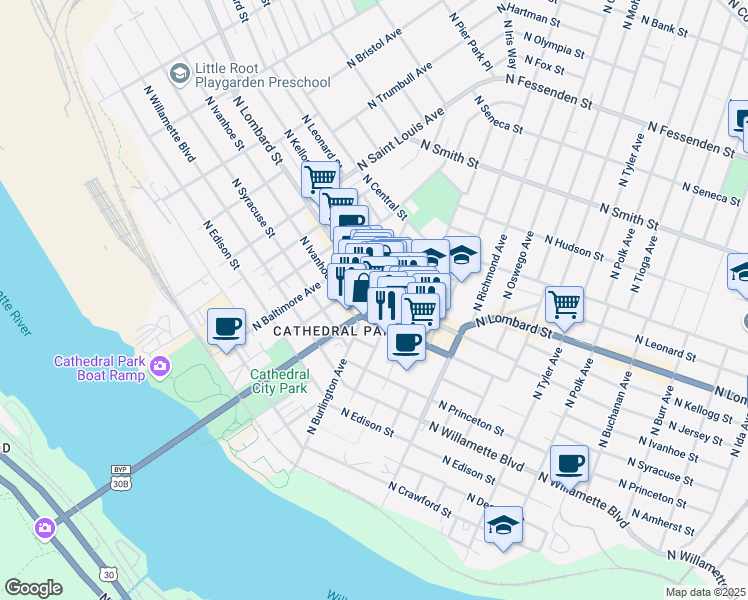 map of restaurants, bars, coffee shops, grocery stores, and more near in Portland