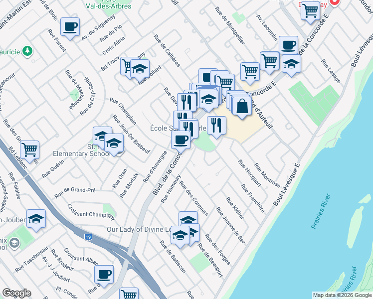 map of restaurants, bars, coffee shops, grocery stores, and more near in Laval