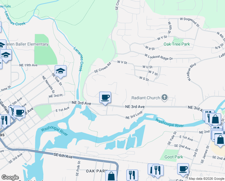 map of restaurants, bars, coffee shops, grocery stores, and more near 529 Northeast Province Drive in Camas