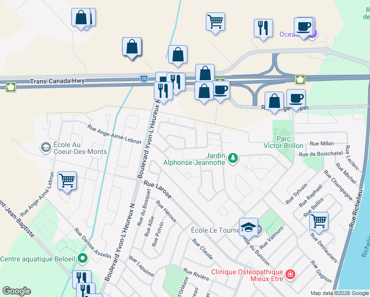 map of restaurants, bars, coffee shops, grocery stores, and more near Rue Rémi Dansereau in Beloeil