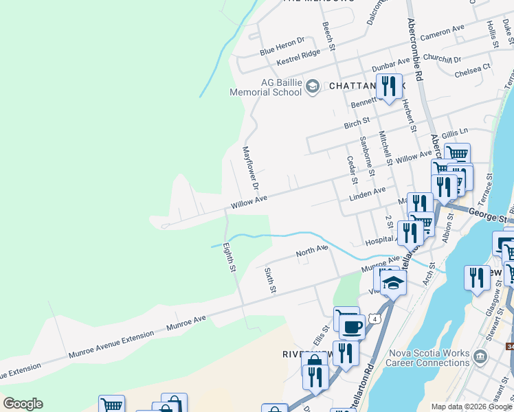 map of restaurants, bars, coffee shops, grocery stores, and more near 410 Willow Avenue in New Glasgow