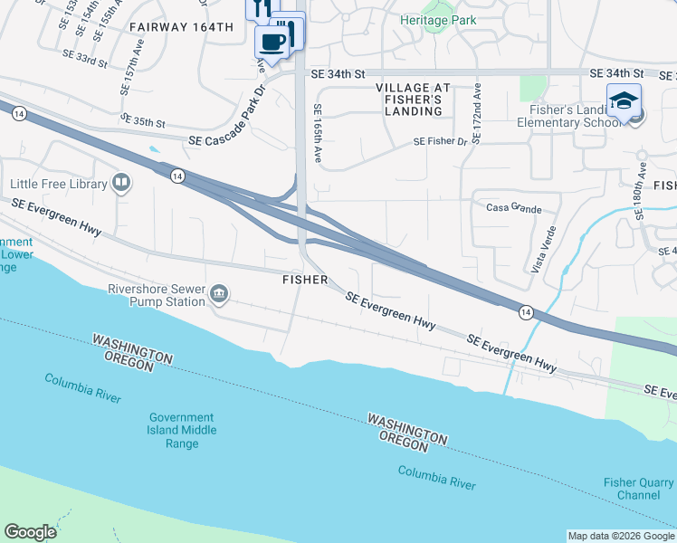 map of restaurants, bars, coffee shops, grocery stores, and more near 16450 Southeast Evergreen Highway in Vancouver