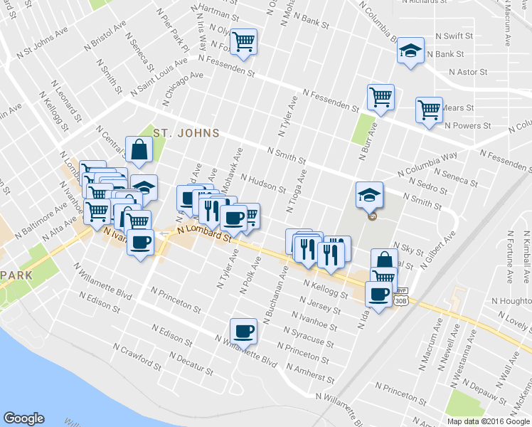 map of restaurants, bars, coffee shops, grocery stores, and more near 8017 North Polk Avenue in Portland