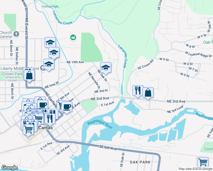 map of restaurants, bars, coffee shops, grocery stores, and more near 1518 Northeast 3rd Place in Camas