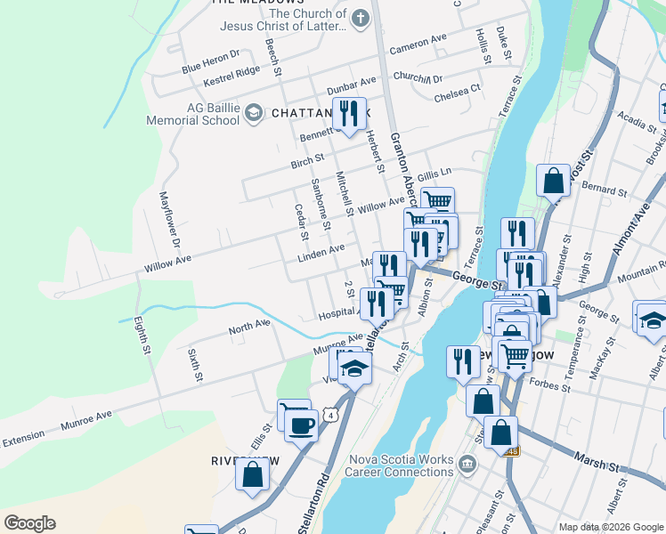 map of restaurants, bars, coffee shops, grocery stores, and more near 16 2 Street in New Glasgow