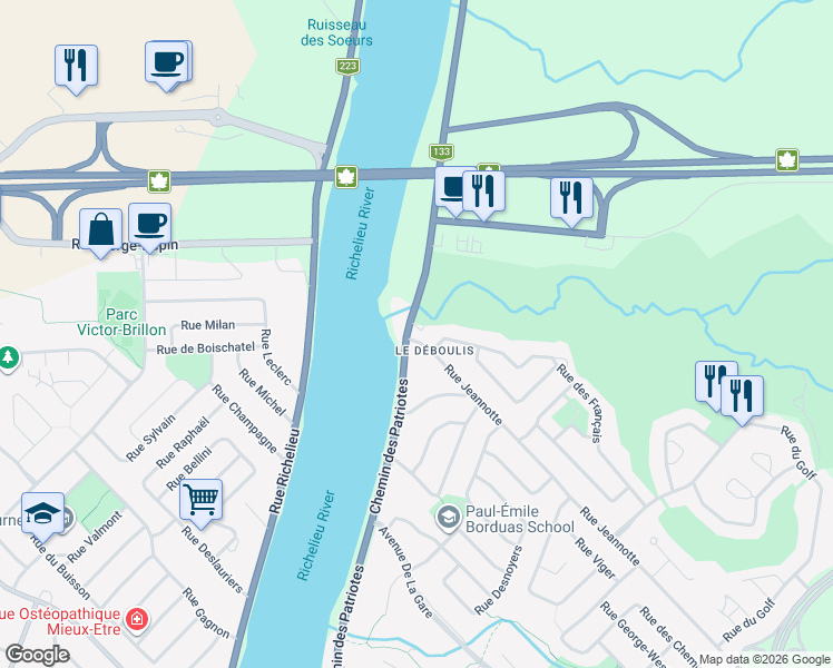 map of restaurants, bars, coffee shops, grocery stores, and more near 988 Chemin des Patriotes Nord in Mont-Saint-Hilaire